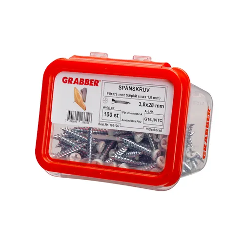 Spånskive-/sockelskruv Trä/Stål 3,8x28 mm, Vit, 100 st/frp