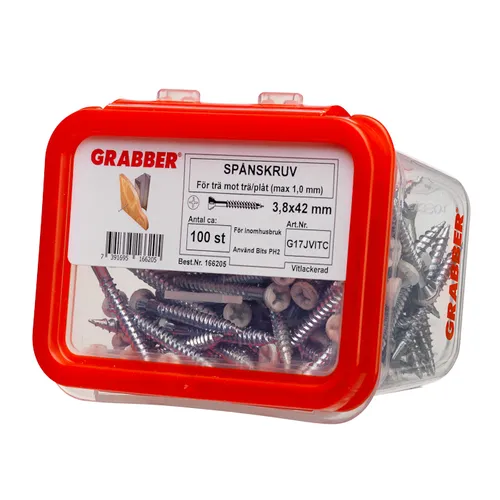 Spånskive-/sockelskruv Trä/Stål 3,8x42 mm, Vit, 100 st/frp