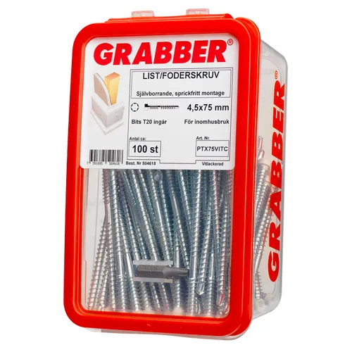 List- & foderskruv med borrspets och stödgänga Trä/Stål 4,5x75 mm, Vit, 100 st/frp