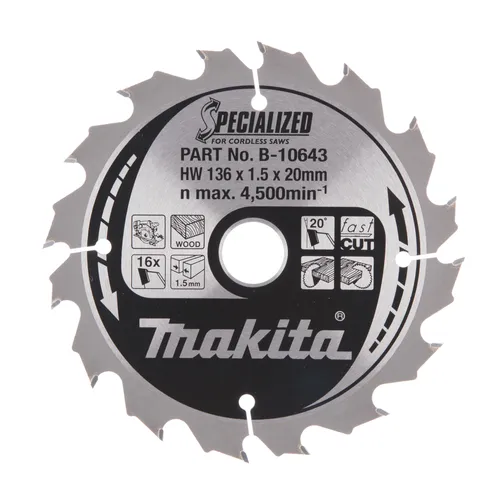 Cirkelsågklinga f. batteridrift, Trä 136/20 mm, 16T, Special