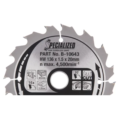 Cirkelsågklinga f. batteridrift, Trä 136/20 mm, 16T, Special
