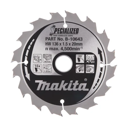 Cirkelsågklinga f. batteridrift, Trä 136/20 mm, 16T, Special