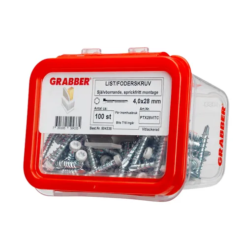 List- & foderskruv med borrspets och stödgänga Trä/Stål 4,0x28 mm, Vit, 100 st/frp