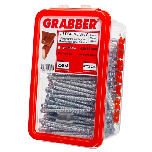 Golv- & listskruv m. borrspets & stödgänga Trä/Stål 4,0x62 mm, FZB, 250 st/frp