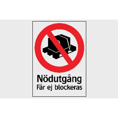 Förbudsskylt Nödutgång får ej blockeras 210x297 mm