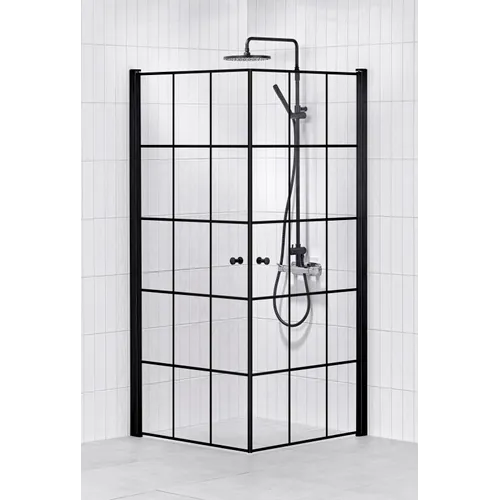 Duschhörna Lusso black chess 80x80 klarglas med rutmöster