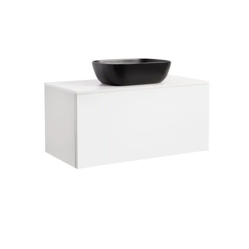 Kommod Ella 90 vit högblank med vit bänkskiva och rektangulärt svart matt tvättställ 46x33 cm