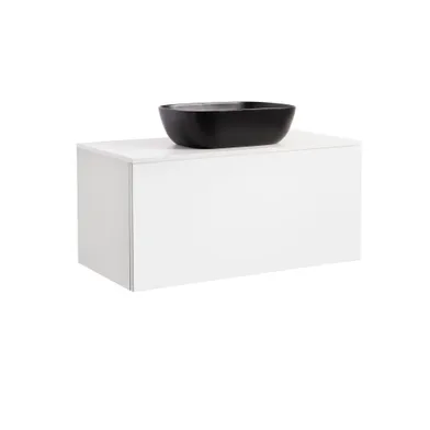 Kommod Ella 90 vit högblank med vit bänkskiva och rektangulärt svart matt tvättställ 46x33 cm