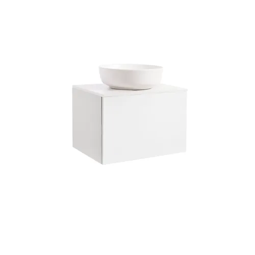 Kommod Ella 60 vit högblank med vit bänkskiva och runt vit matt tvättställ 42cm