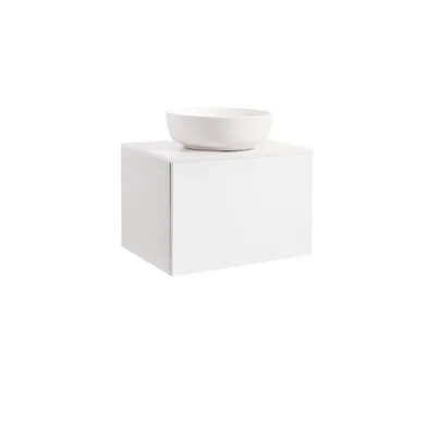 Kommod Ella 60 vit högblank med vit bänkskiva och runt vit matt tvättställ 42cm