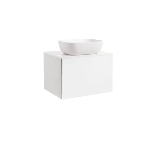 Kommod Ella 60 vit högblank med vit bänkskiva och rektangulärt vit matt tvättställ 46x33 cm