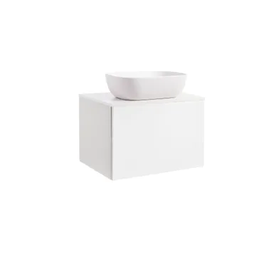 Kommod Ella 60 vit högblank med vit bänkskiva och rektangulärt vit matt tvättställ 46x33 cm