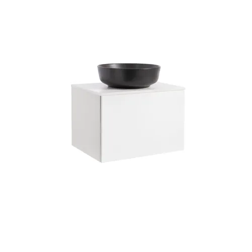 Kommod Ella 60 vit högblank med vit bänkskiva och runt svart matt tvättställ 42cm