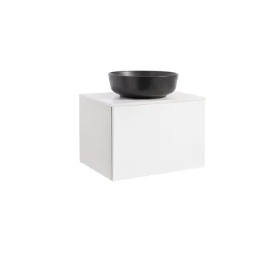 Kommod Ella 60 vit högblank med vit bänkskiva och runt svart matt tvättställ 42cm