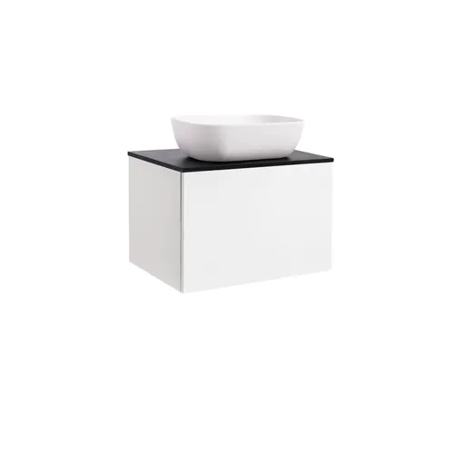 Kommod Ella 60 vit högblank med svart bänkskiva och rektangulärt vit matt tvättställ 46x33 cm