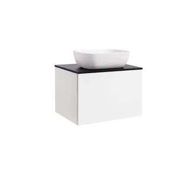 Kommod Ella 60 vit högblank med svart bänkskiva och rektangulärt vit matt tvättställ 46x33 cm