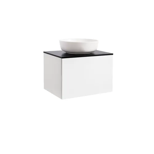 Kommod Ella 60 vit högblank med svart bänkskiva och runt vit matt tvättställ 42cm