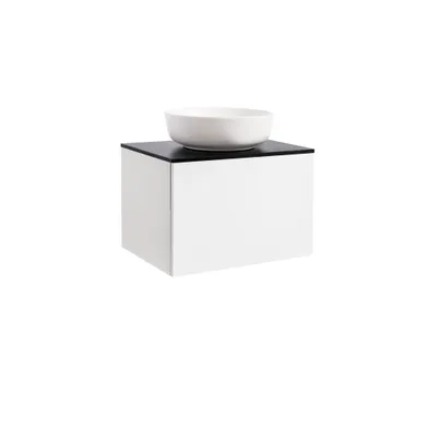 Kommod Ella 60 vit högblank med svart bänkskiva och runt vit matt tvättställ 42cm