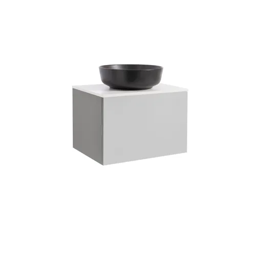 Kommod Ella 60 grå med vit bänkskiva och runt svart matt tvättställ 42cm