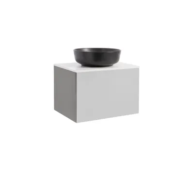 Kommod Ella 60 grå med vit bänkskiva och runt svart matt tvättställ 42cm