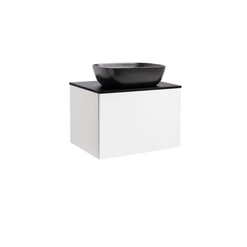 Kommod Ella 60 vit högblank med svart bänkskiva och rektangulärt svart matt tvättställ 46x33 cm