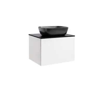 Kommod Ella 60 vit högblank med svart bänkskiva och rektangulärt svart matt tvättställ 46x33 cm