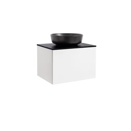 Kommod Ella 60 vit högblank med svart bänkskiva och runt svart matt tvättställ 42cm