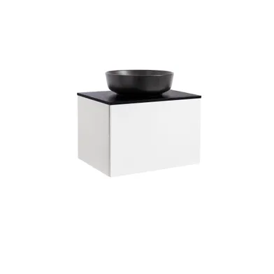 Kommod Ella 60 vit högblank med svart bänkskiva och runt svart matt tvättställ 42cm