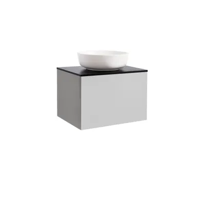 Kommod Ella 60 grå med svart bänkskiva och runt vit matt tvättställ 42cm