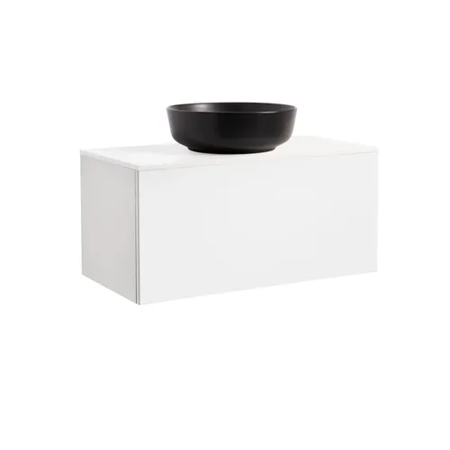 Kommod Ella 90 vit högblank med vit bänkskiva och runt svart matt tvättställ 42cm