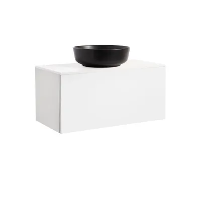 Kommod Ella 90 vit högblank med vit bänkskiva och runt svart matt tvättställ 42cm