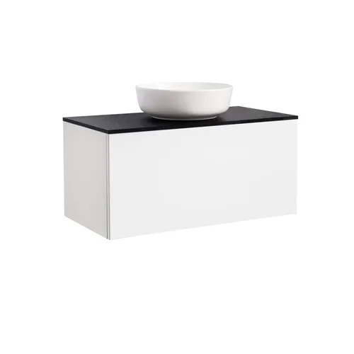 Kommod Ella 90 vit högblank med svart bänkskiva och runt vit matt tvättställ 42cm