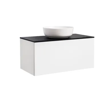 Kommod Ella 90 vit högblank med svart bänkskiva och runt vit matt tvättställ 42cm