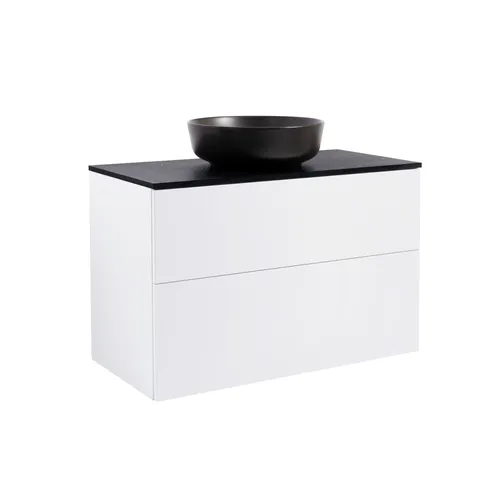 Kommod Isella 90 vit högblank med svart bänkskiva och runt svart matt tvättställ 42cm