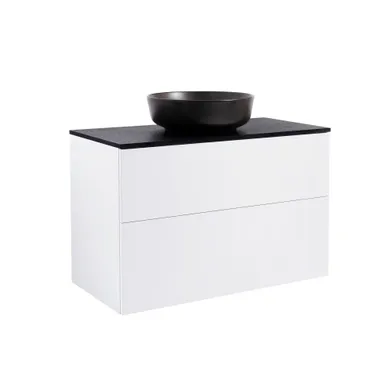 Kommod Isella 90 vit högblank med svart bänkskiva och runt svart matt tvättställ 42cm