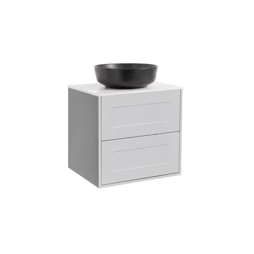 Kommod Gabriella 60 grå med vit bänkskiva och runt svart matt tvättställ 42cm