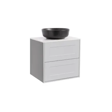 Kommod Gabriella 60 grå med vit bänkskiva och runt svart matt tvättställ 42cm