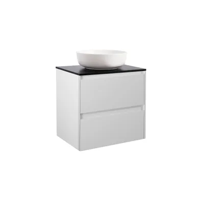 Kommod Luxor 60 grå med svart bänkskiva och runt vit matt tvättställ 42cm