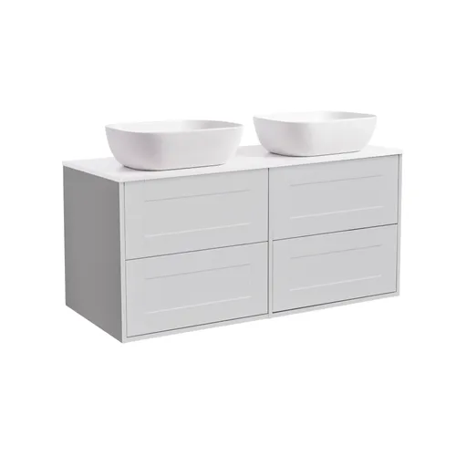 Kommod Gabriella 120 grå med vit bänkskiva och 2 stk rektangulärt vit matt tvättställ 46x33 cm