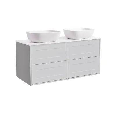 Kommod Gabriella 120 grå med vit bänkskiva och 2 stk rektangulärt vit matt tvättställ 46x33 cm