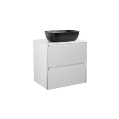 Kommod Luxor 60 grå med vit bänkskiva och rektangulärt svart matt tvättställ 46x33 cm