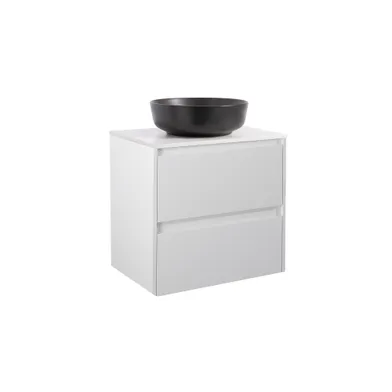 Kommod Luxor 60 grå med vit bänkskiva och runt svart matt tvättställ 42cm