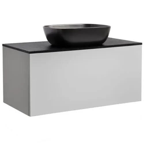 Kommod Ella 90 grå med svart bänkskiva och rektangulärt svart matt tvättställ 46x33 cm