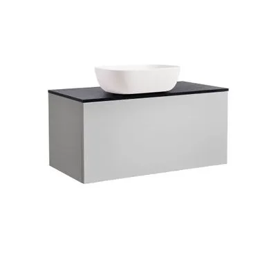 Kommod Ella 90 grå med svart bänkskiva och rektangulärt vit matt tvättställ 46x33 cm