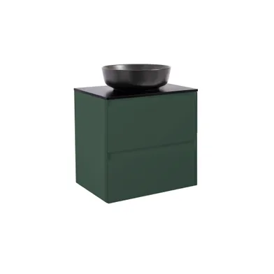Kommod Luxor 60 skogsgrön med svart bänkskiva och runt svart matt tvättställ 42cm