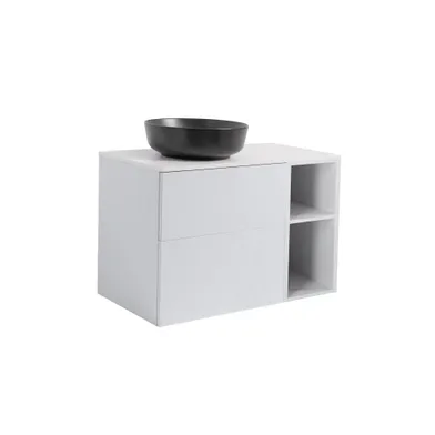 Möbelpaket Isella grå 60+30 inkl öppet sidoskåp, vit bänkskiva & svart runt tvättställ