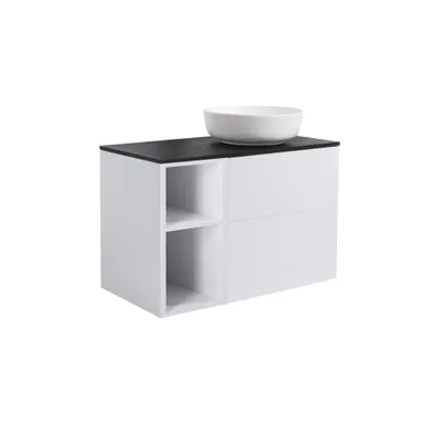 Möbelpaket Isella grå 60+30 inkl öppet sidoskåp, svart bänkskiva & vitt runt tvättställ