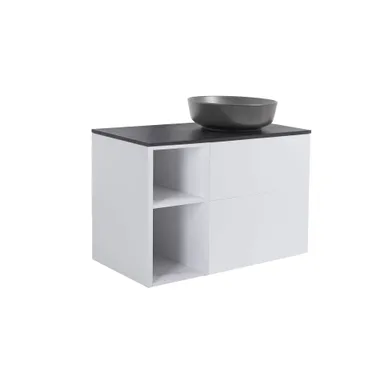 Möbelpaket Isella grå 60+30 inkl öppet sidoskåp, svart bänkskiva & svart runt tvättställ