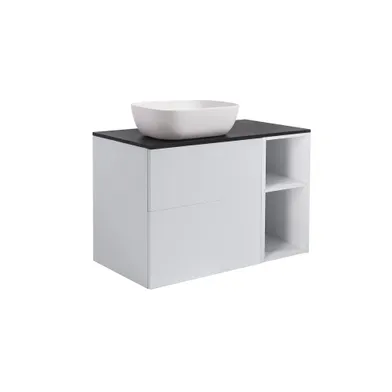 Möbelpaket Isella grå 60+30 inkl öppet sidoskåp, svart bänkskiva & vitt rektangulärt tvättställ