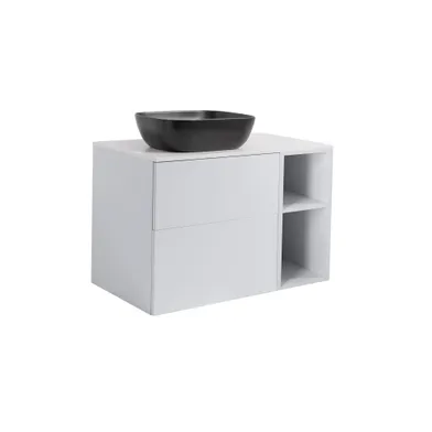 Möbelpaket Isella grå 60+30 inkl öppet sidoskåp, vit bänkskiva & svart rektangulärt tvättställ